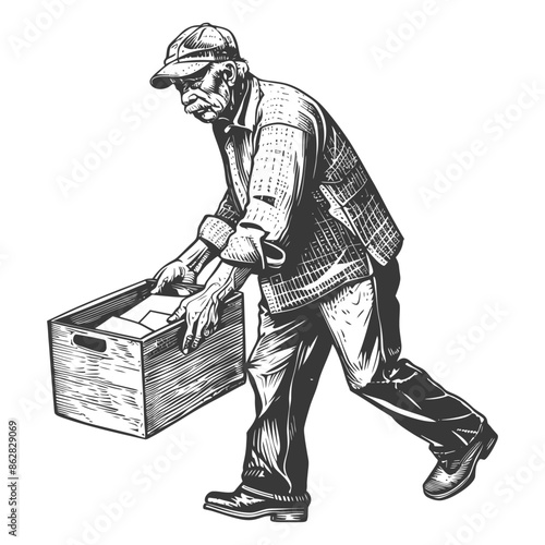 Woodcut Man Carrying Heavy Box, Laborer, Vintage Style.