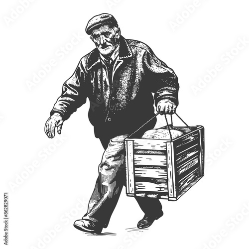Sketch of Elderly Man Carrying Heavy Wooden Crate.