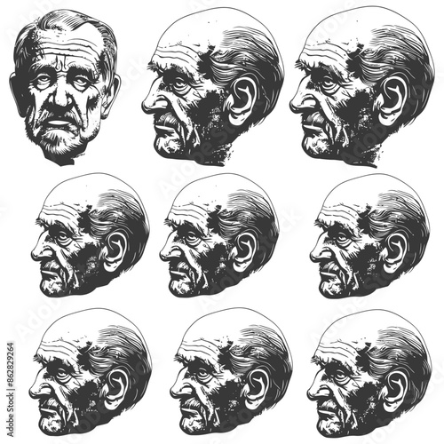 Nine Views: Aged Man, Detailed Pen & Ink Portraits, Multiple Perspectives, Black and White Study.