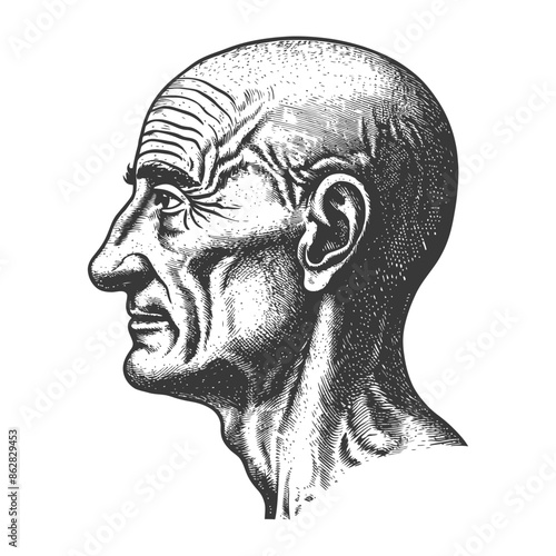 Etched Elderly Man: Profile Portrait in Vintage Engraving Style.