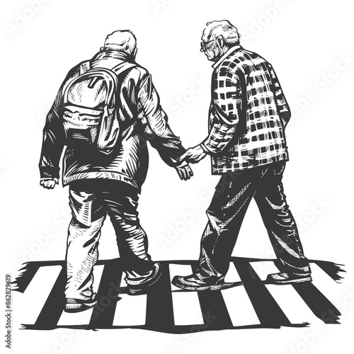Elderly Guidance: Ink Sketch of Young Man Helping Senior Across Zebra Crossing.
