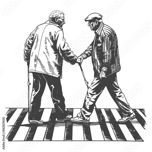 Elderly Handshake: Crosswalk Companions, Canes, Friendship Illustration