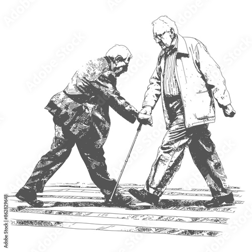 Elderly men helping each other cross: Stylized vector drawing on crosswalk.