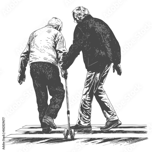 Elderly Assistance: Helping Hand and Walking Aid, Crosswalk Support, Hand-Drawn Sketch.