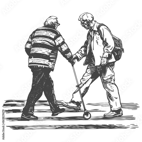 Elderly pedestrian helps another with assistive cane, sketch style.