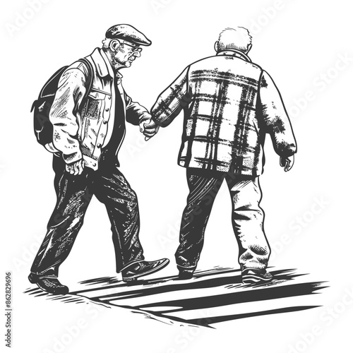 Elderly men crossing zebra crossing, supporting each other, vintage style vector illustration.
