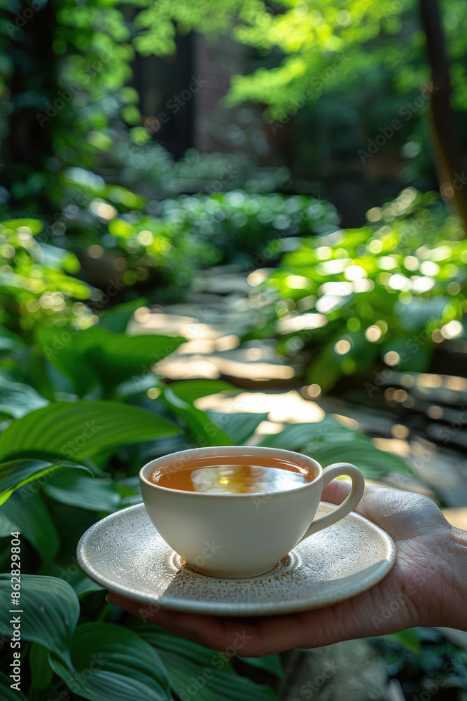 A serene scene of a cup of tea being held in a lush, green garden with sunlight filtering through the leaves. A serene scene of a cup of tea being held in a lush, green garden with sunlight filtering through the leaves.