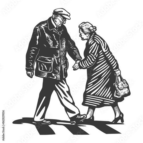 Elderly Couple Crossing Street: Woodcut Style, Pedestrian Safety, Urban Scene.