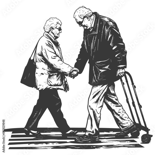 Monochrome Crosswalk Connection: Elderly Couple Handshake, Walker Assisted, Textured Illustration.
