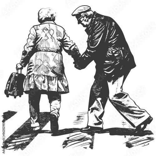 Elderly couple crossing street, ink sketch illustration, holding hands, pulling suitcase.