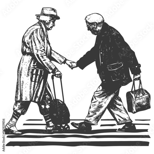 Ink Drawing: Elderly Men Handshake on Zebra Crossing with Luggage.