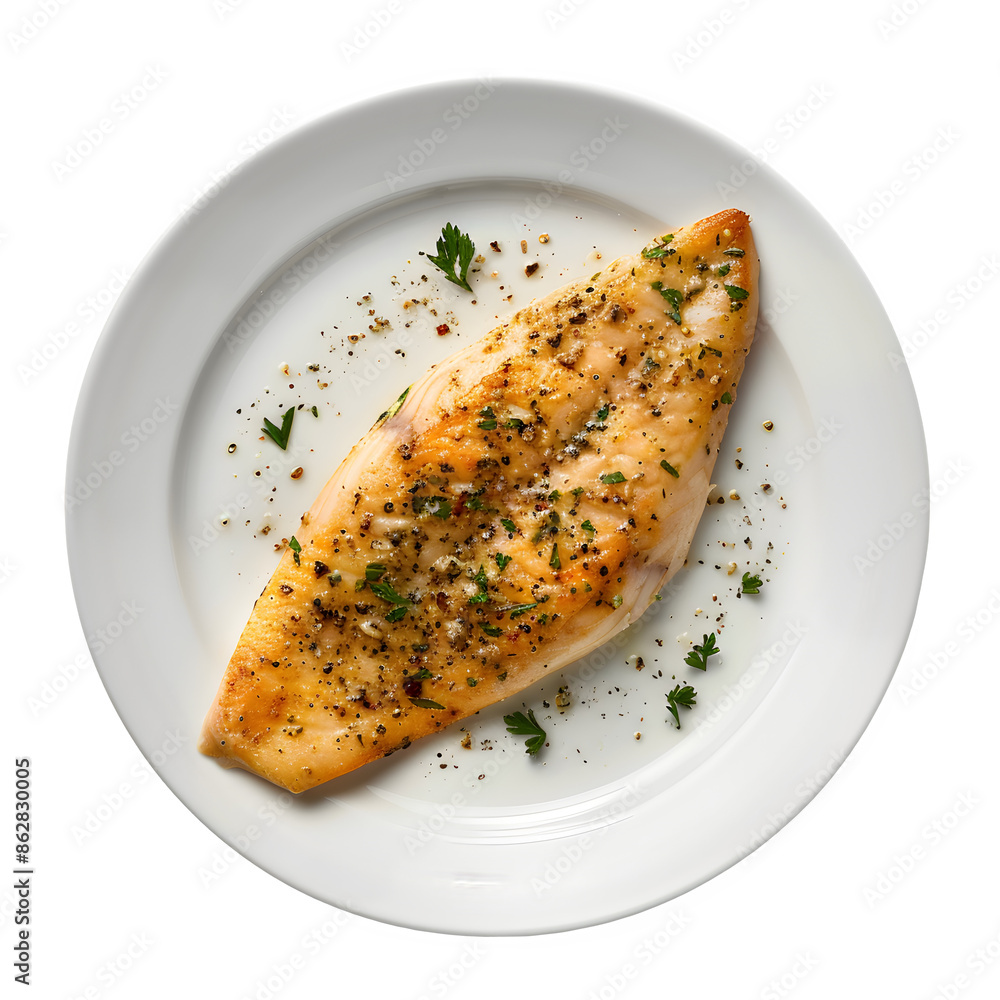 Overhead view of seasoned grilled chicken on a white plate, transparent background Overhead view of seasoned grilled chicken on a white plate, transparent background