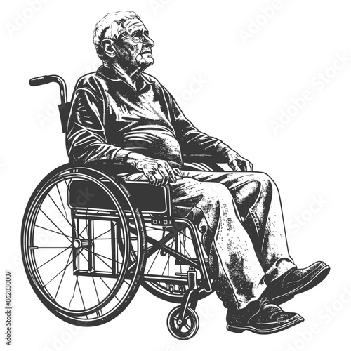 Etched Elder: Wheelchair-Bound Man in Thoughtful Contemplation, Vintage Style Illustration
