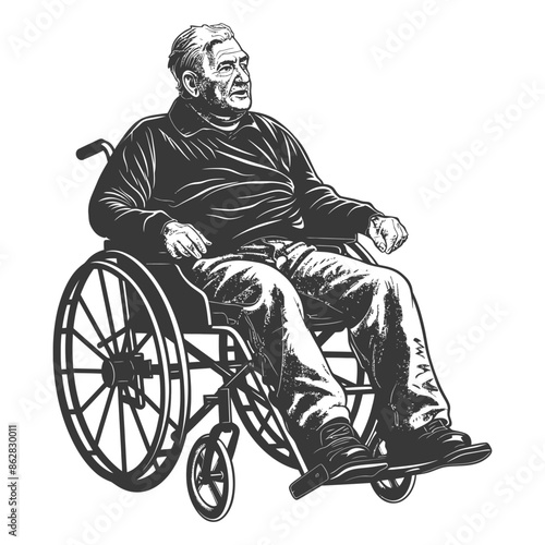 Engraved Elderly Man in Wheelchair, Thoughtful Gaze, Black and White Illustration.
