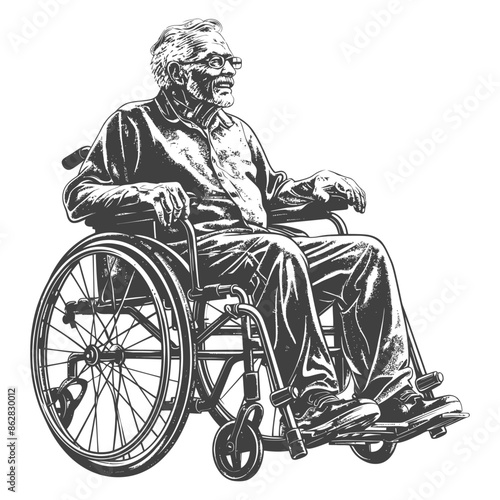 Etched Portrait: Elderly Man in Wheelchair, Engraved Style, Tranquil Stance