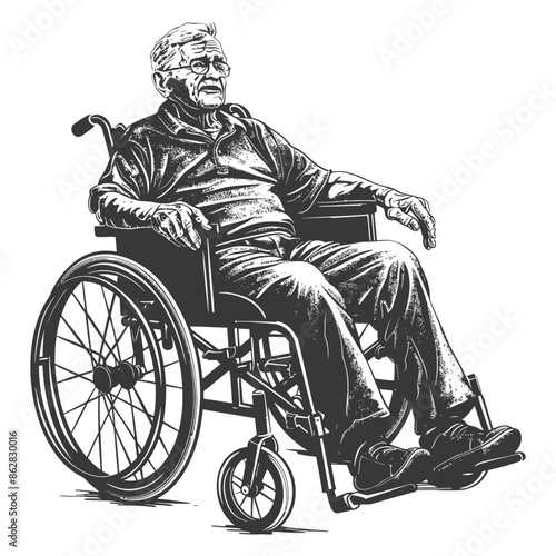 Elderly Man in Wheelchair, Engraved Style Portrait, Solitary.