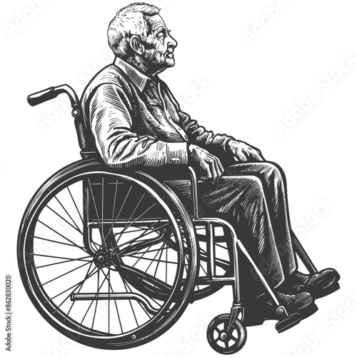 Engraved Elder: Man in Wheelchair, Side View, Fine Lines, Disability Aid Illustration.