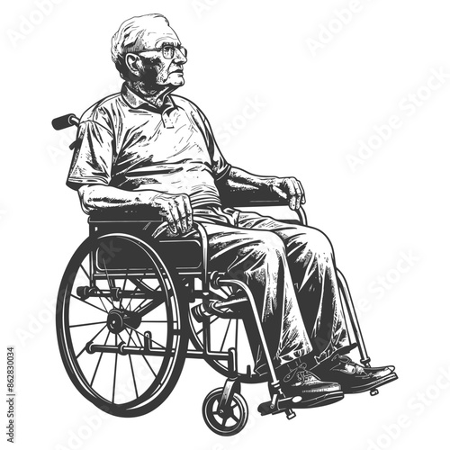 Etched Elder: Pensive man in wheelchair, crosshatch drawing, aging gracefully, isolated figure.