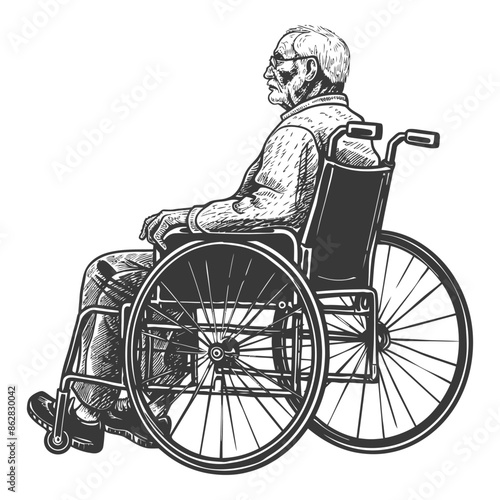 Etched Elderly Man in Wheelchair: Thoughtful Profile View.