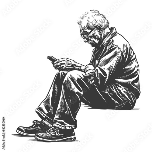 Contemplative Old Man in Sketch Style, Scrolling on Smartphone, Isolated Illustration.