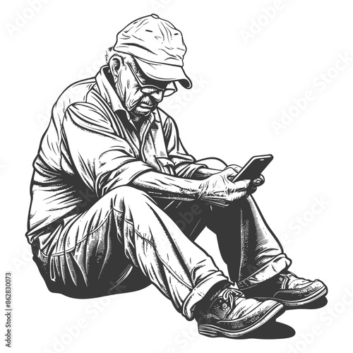 Elderly man sitting, absorbed in smartphone, wearing cap and glasses, detailed black and white illustration.