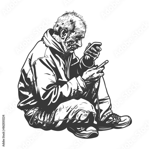 Homeless man engrossed in smartphone, detailed monochrome vector illustration.