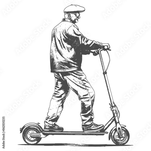 Elderly Man on Electric Scooter, Urban Mobility Sketch