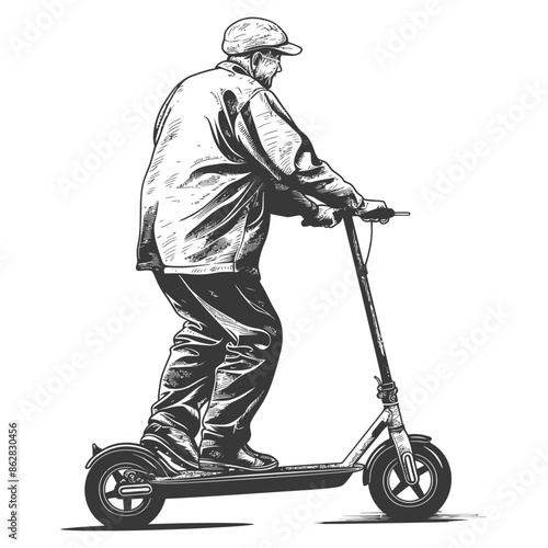 Elderly man on electric scooter, hatched vector illustration, urban mobility.