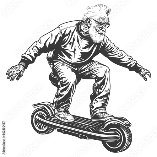 Ink Drawing: Hipster Grandpa Balancing on Electric Scooter, Vintage Style.