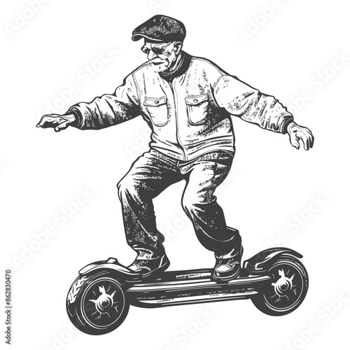 Elderly Man on Hoverboard: Vintage Style Illustration, Technology and Aging.