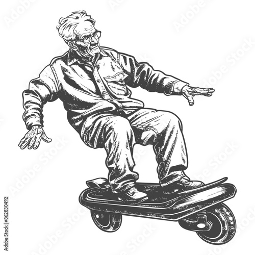 Sketched Old Man Thrill Ride: Vintage Style Electric Scooter Adventure.