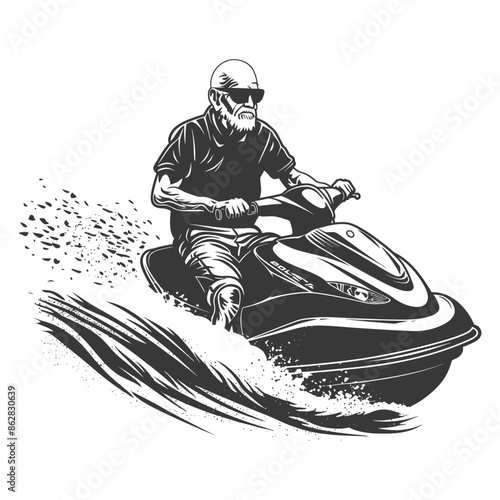 Bearded Man Jet Skiing: Retro Monochrome Water Sport.
