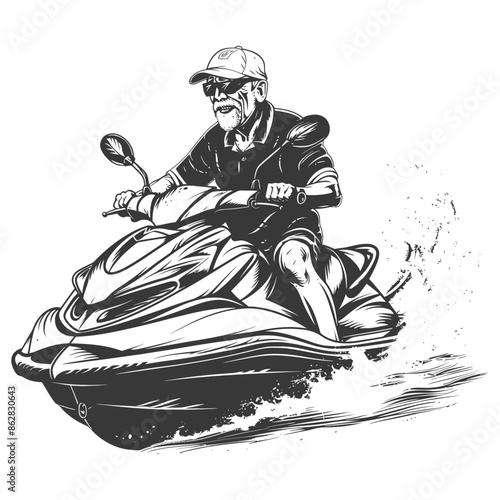 Retro Ink Sketch: Bearded Man on Jet Ski, Sunglasses & Cap, Water Splash Detail.