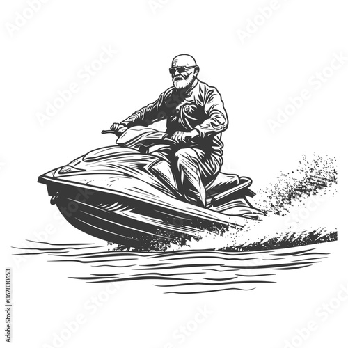 Monochrome Sketch of Senior Man on Jet Ski with Sunglasses, Watersport Activity.