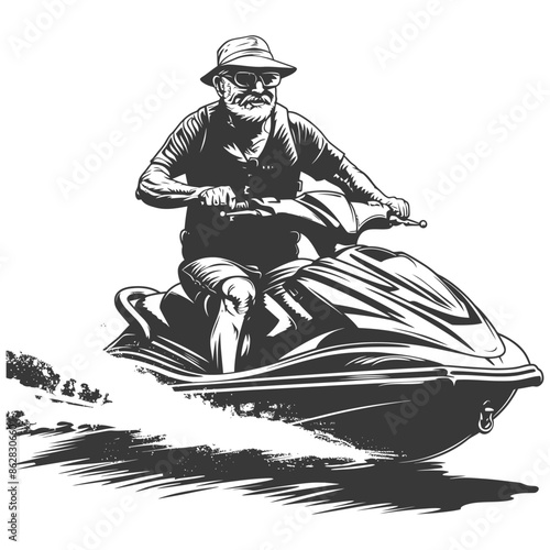 Ink Drawing: Elderly Man Joyriding on Jet Ski, Adventure & Freedom.