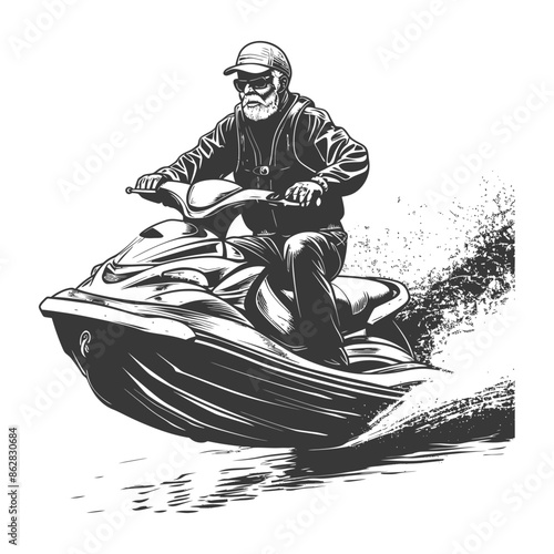 Bearded Man on Jet Ski: Monochrome Adventure Illustration