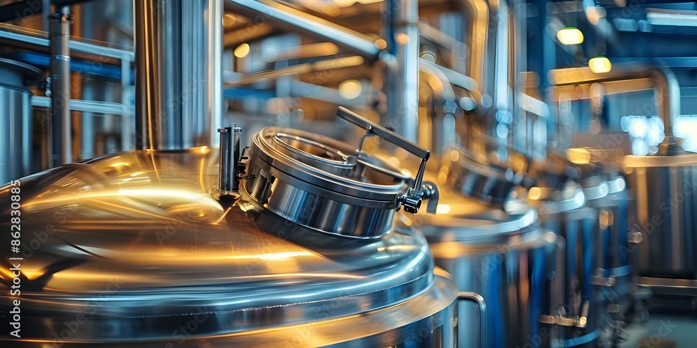 Industrial stainless steel vats for brewing aging and foodalcohol production facilities. Concept Stainless Steel Tanks, Brewing Facilities, Food Production, Alcohol Manufacturing Industrial stainless steel vats for brewing aging and foodalcohol production facilities. Concept Stainless Steel Tanks, Brewing Facilities, Food Production, Alcohol Manufacturing