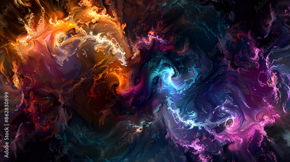 Obraz premium Futuristic galaxy explodes in multicolored chaos, a surreal computer illustration ,Abstract color swirls on black background.