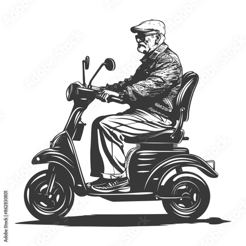 Monochrome Illustration: Elderly Man in Cap Rides Electric Scooter, Accessibility Concept.