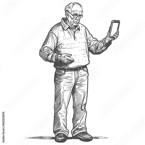 Elderly man perplexed by smartphone, sketched in vintage style.