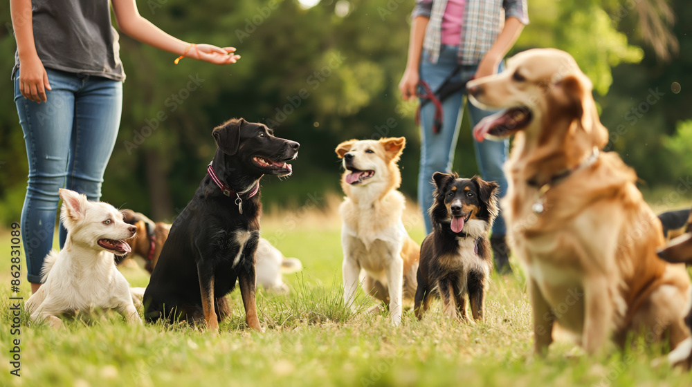 Professional dog trainer working with a group of diverse dogs in an agility course set up in an open field. Professional dog trainer working with a group of diverse dogs in an agility course set up in an open field.