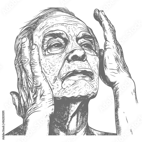 Elderly Worry: Detailed Pen Sketch of a Senior with Hands to Face, Expressive Lines.