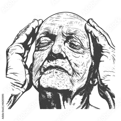Engraved Elder: Hands Framing Wrinkled Face, Closed Eyes, Distressed Expression.