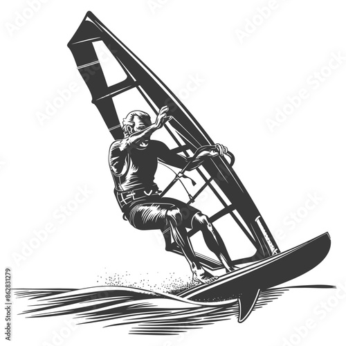 Monochrome Windsurfer: Retro Engraving Style, Dynamic Water Sport Action on Textured Surface