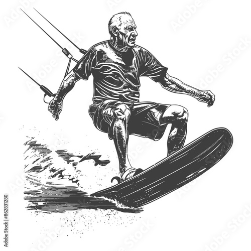 Senior Kitesurfer: Detailed Vector Illustration of an Elderly Man Riding the Waves.