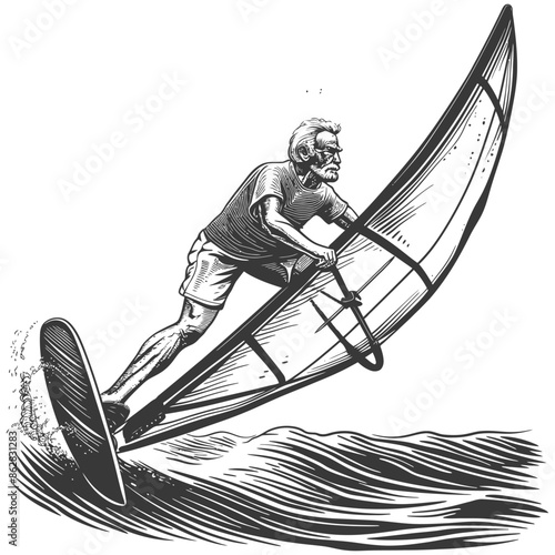 Grayscale Windsurfer: Active Senior Man Sailing on Waves, Vintage Style Illustration