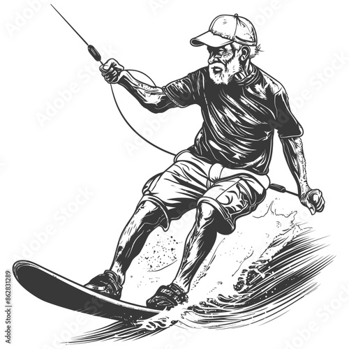 Stylized Wakeboarder: Bearded Man Carving Waves, Ink Drawing Style