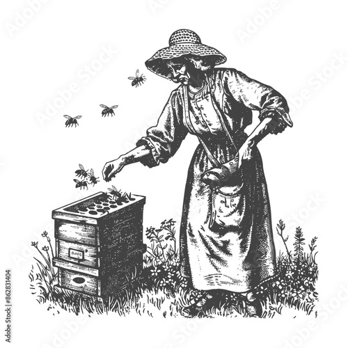 Vintage Beekeeper: Woman Tending Hive with Bees, Detailed Engraving Style.
