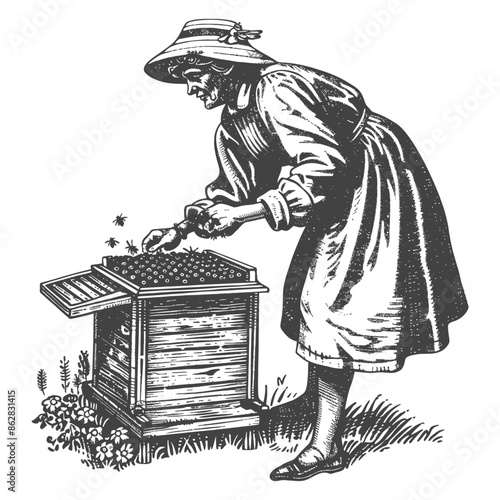 Vintage Beekeeper: Woman Tending Hive, Antique Illustration, Bees, Honeycomb, Rustic Scene