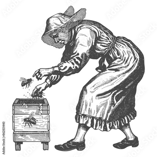 Vintage Engraving: Beekeeper in Hat Tending Hive, Bees Buzzing.